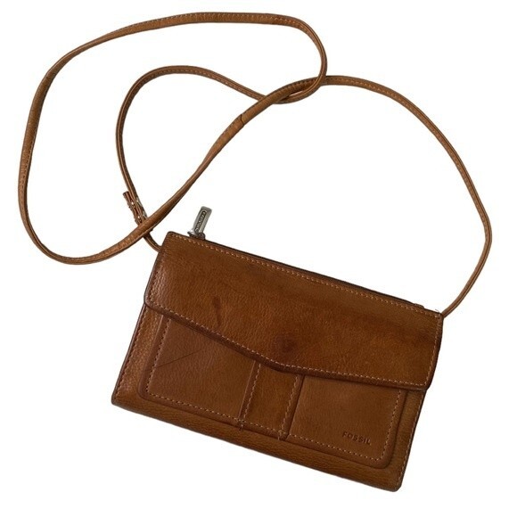 Fossil Cognac Leather Mini Crossbody Wallet Clutch Bag Purse Organizer - Picture 1 of 16